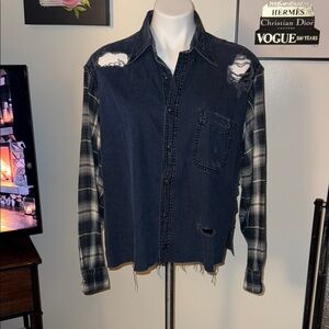 Women's Distressed Denim and Plaid Blouse